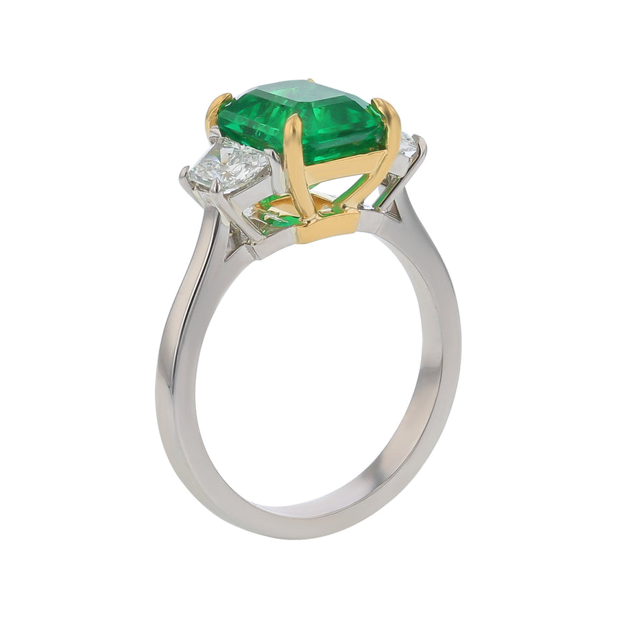 2.78ct Emerald Cut Zambian Emerald and 0.64ct Trapezoid Diamond Ring in 18k Yellow and Platinum, Size 6.5