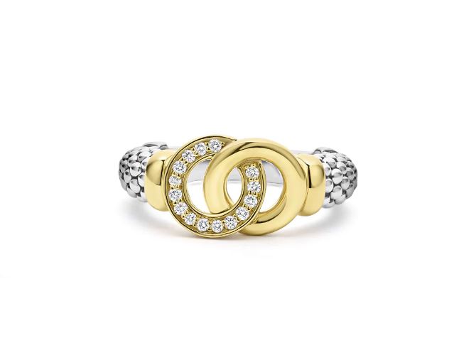 Signature Caviar 0.11Ct Diamond Interlocking Circle Ring in 18K Yellow Gold and Sterling Silver, Size 7