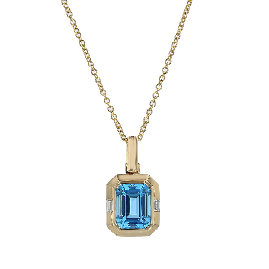 Blue Topaz and Emerald Cut Diamond Pendant in 14K Yellow Gold, 18in