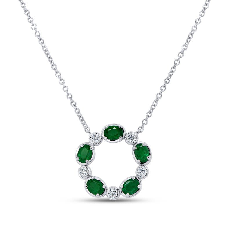 0.17ct Round Diamonds and 0.91ct Oval Emerald Pendant in 18K White Gold, 16-18" chain
