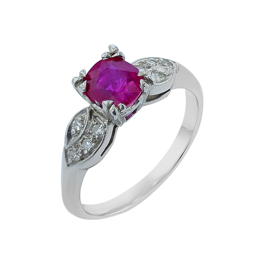 Mid Century 1.28ct Round Ruby and 0.16ct Diamond Ring in Platinum Circa 1940s. size 7