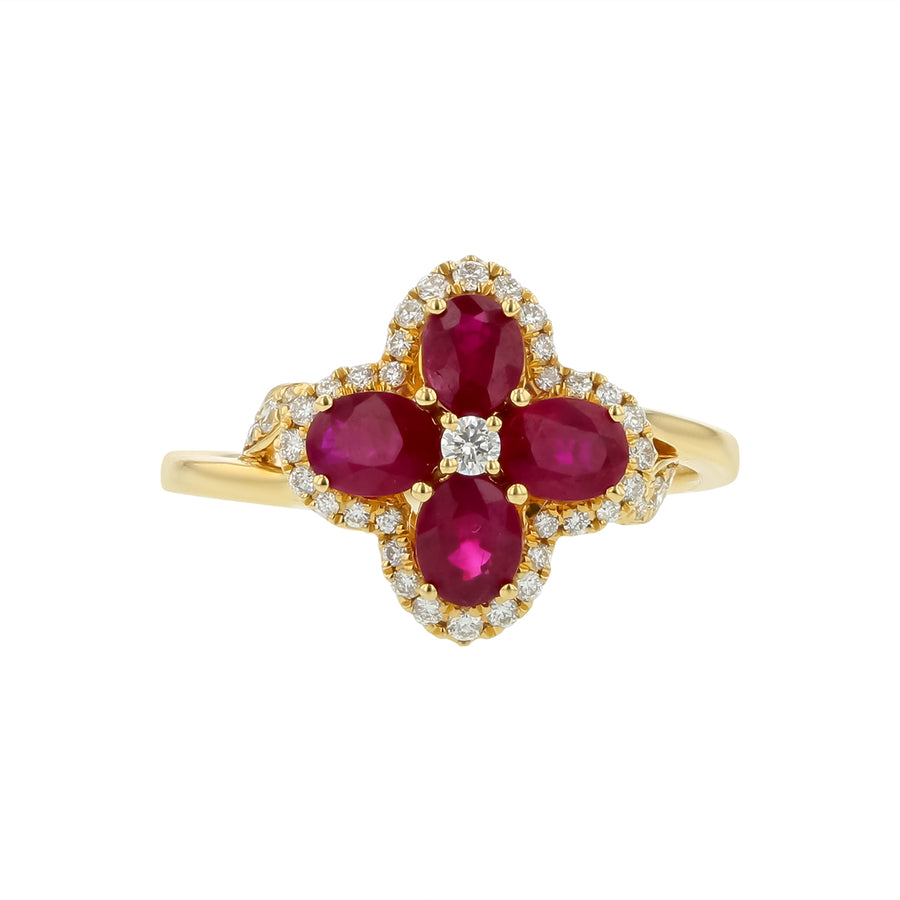 1.36ct Oval Ruby and 0.25ct Diamond Flower Ring in 14K Yellow Gold