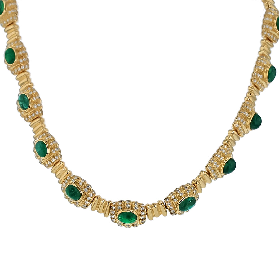 26.35 Oval Cabochon Emerald and 7.65ct Diamond Necklace in 18K Yellow Gold 15.5"