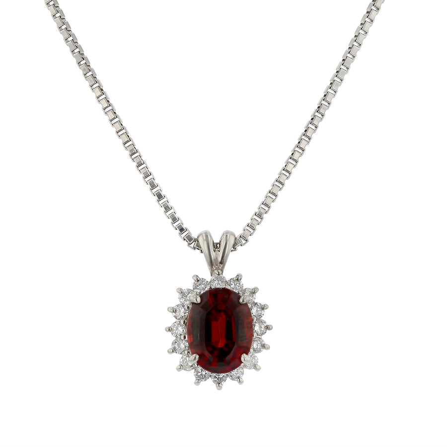 2.36ct Oval Garnet and 0.35ct Round Diamond Halo Pendant on Chain in Platinum 16"