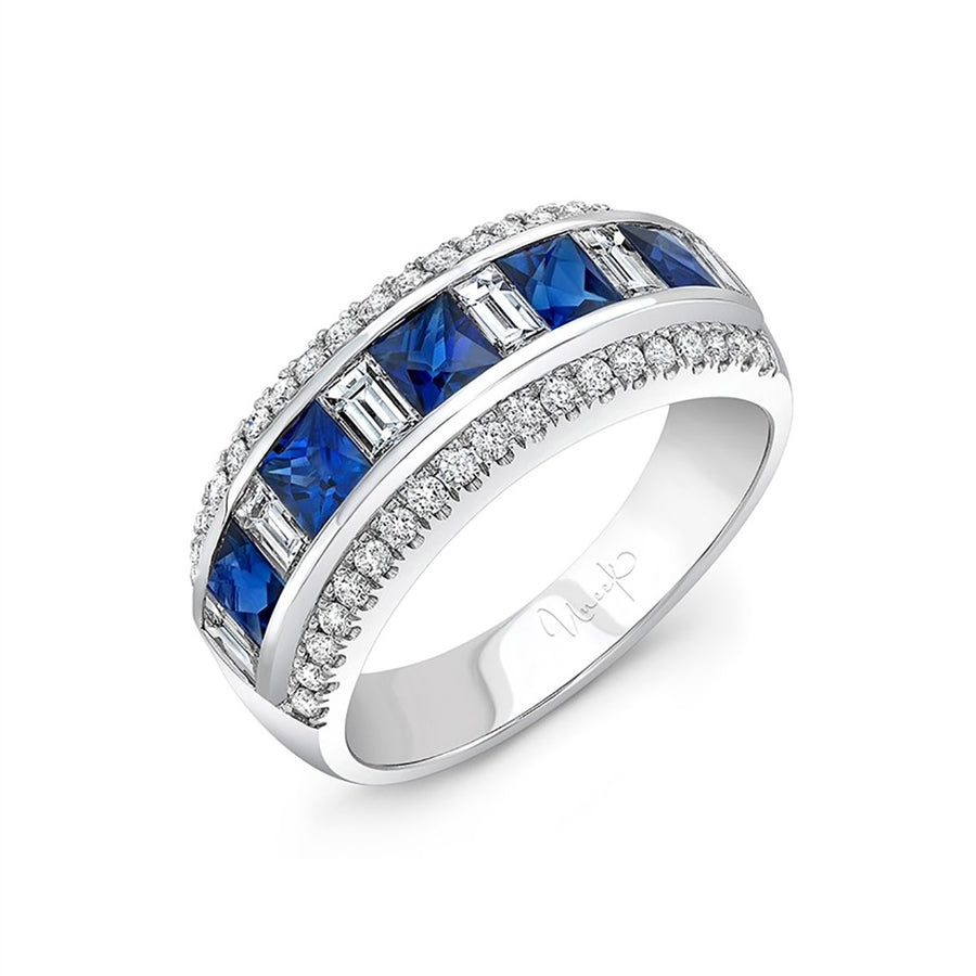 1.22ct Princess Cut Blue Sapphires, 0.55ct Baguette Cut Diamonds with 0.31ct Round Diamond Ring in 18K White Gold