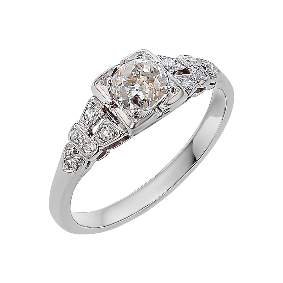 Art Deco 0.60ct Old Mine Cut Diamond, and 0.10ct Diamond Split Shank Ring in Platinum, size 5.5