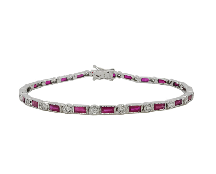 4.10ct Ruby and 0.74ct Diamond Alternating Bracelet in 14K White Gold