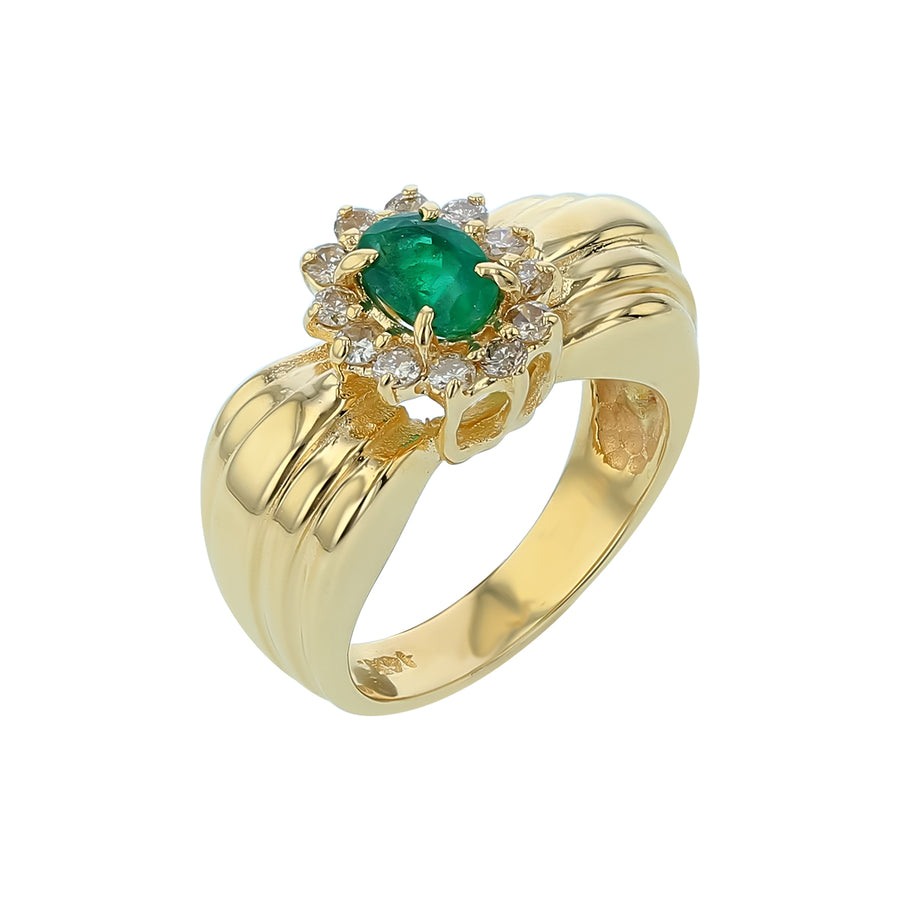 0.65ct Oval Emerald and 0.30ct Diamond Halo Ring in 14K Yellow Gold, size 5.5