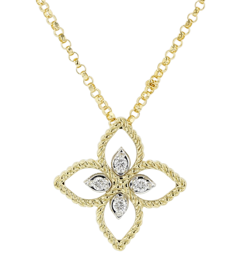 Principessa 0.04ct Diamond Flower Pendant in 18K Yellow and White Gold, 17" chain
