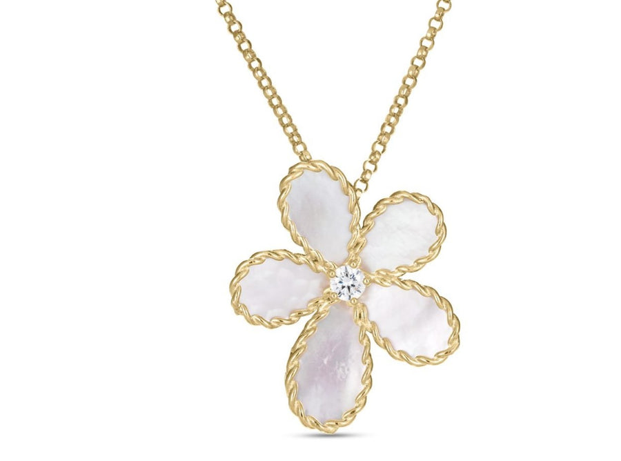Jasmine 0.06ct Diamond and Mother of Pearl Flower Pendant on Chain in 18K Yellow Gold, 18"