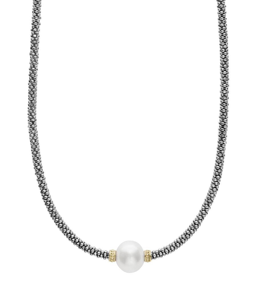 9mm Pearl 3mm Station Rope Necklace in 18K Yellow Gold and Sterling Silver, 16"