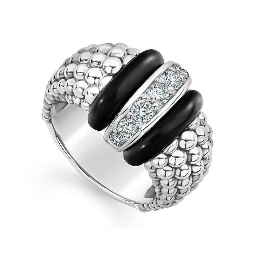 Diamond Black Caviar Ring in Sterling Silver and Ceramic, Size 7