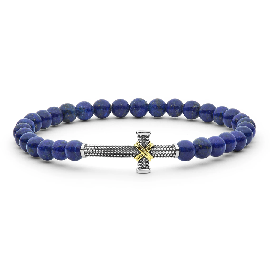 Anthem Lapis 25mm Cross Stretch Bracelet in Sterling Silver and 18K Yellow Gold, size medium