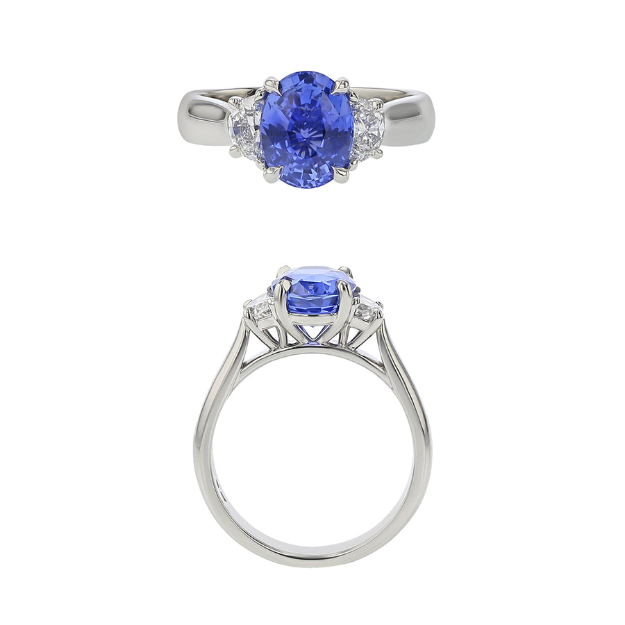 2.59ct oval Sri Lankan blue sapphire and 0.46ct diamonds set in a 3-stone ring crafted in platinum, size 6.5.