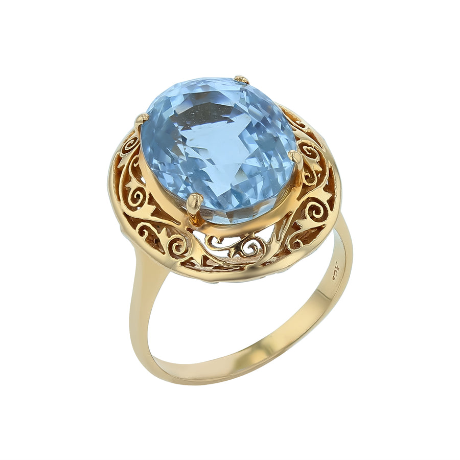 10.00ct Oval Aquamarine Ring in 14K Yellow Gold Circa 1940s, size 8