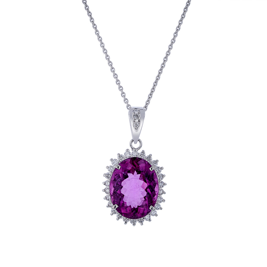 9.85ct Oval Pink Tourmaline and 0.61ct Diamond Halo Pendant in Platinum in 14K White Gold, 20" chain