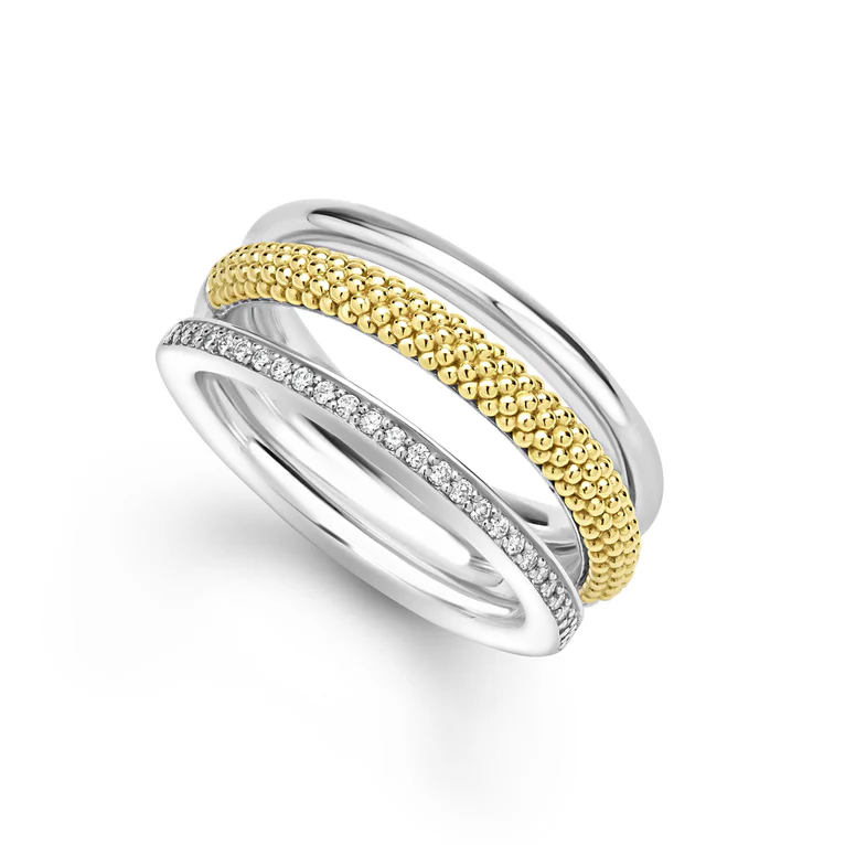 Caviar Lux 3 Row Ring in 18K Yellow Gold and Sterling Silver, size 7