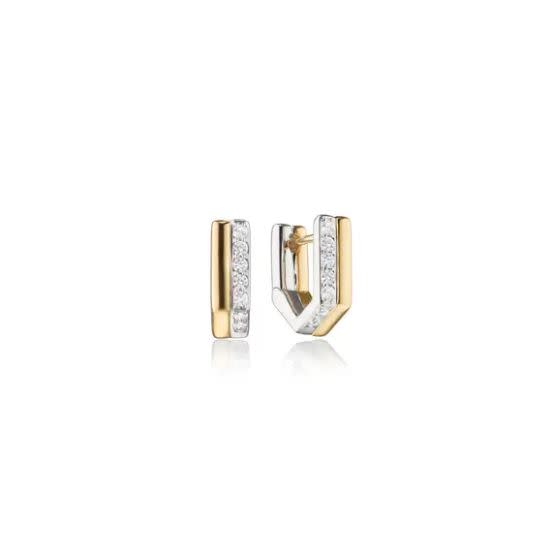 White Sapphire Huggie Earrings in Sterling Silver and 18K Yellow Gold