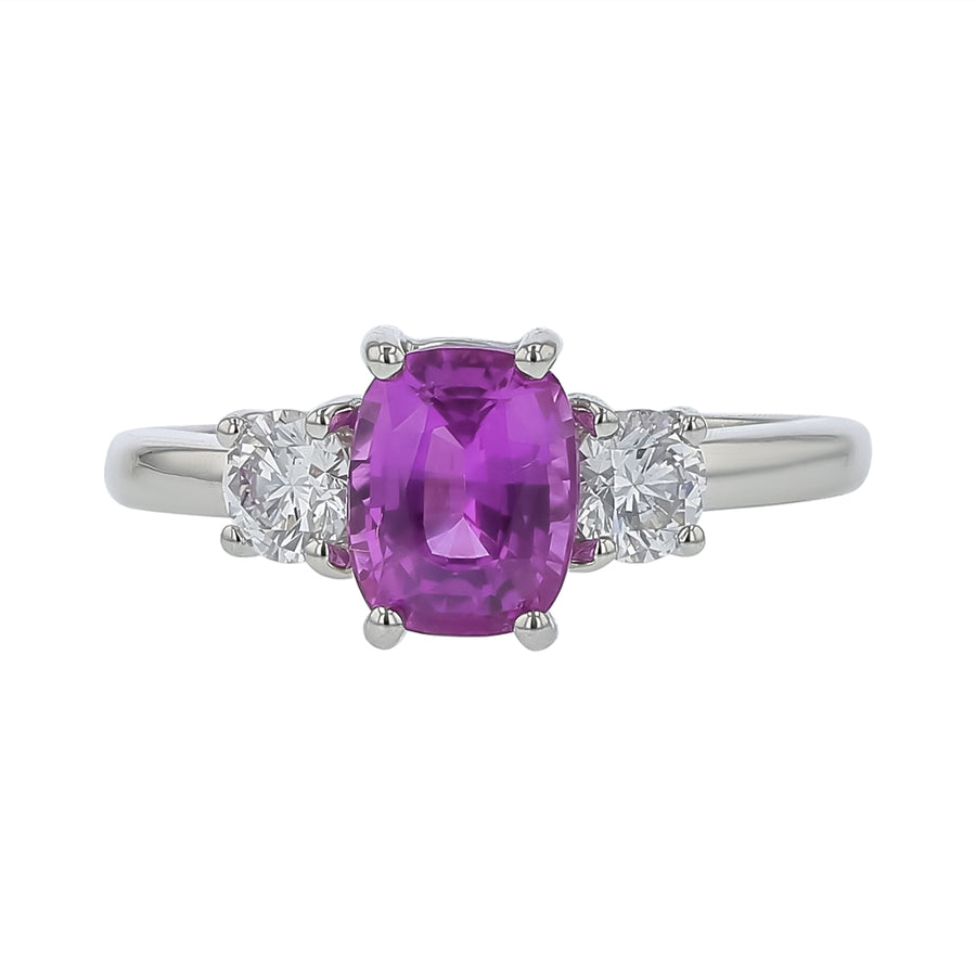 2.10ct Cushion Pink Purple Sapphire and 0.52ct Round Diamond 3 Stone Ring in Platinum, size 6.25