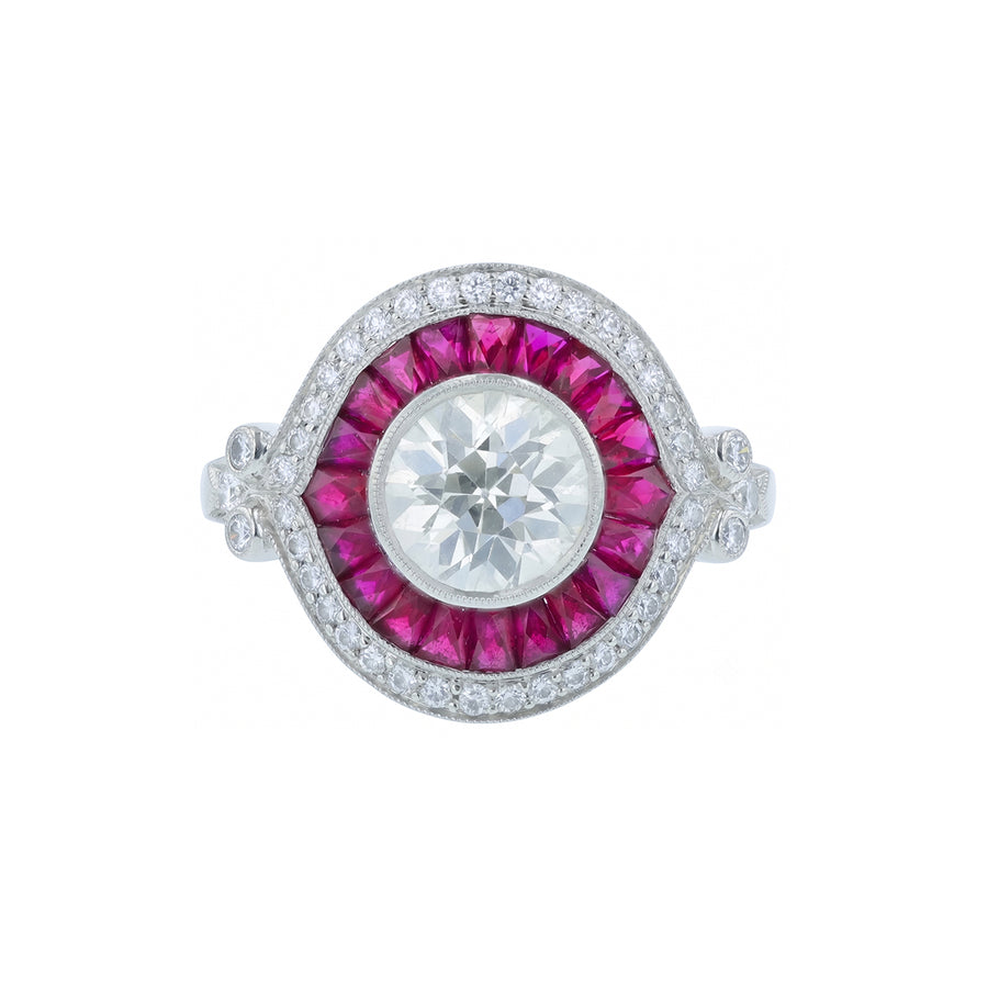 1.66ct Old European Cut Dial 2.16ct Ruby and 0.38ct Diamond Ring in Platinum, size 8.5