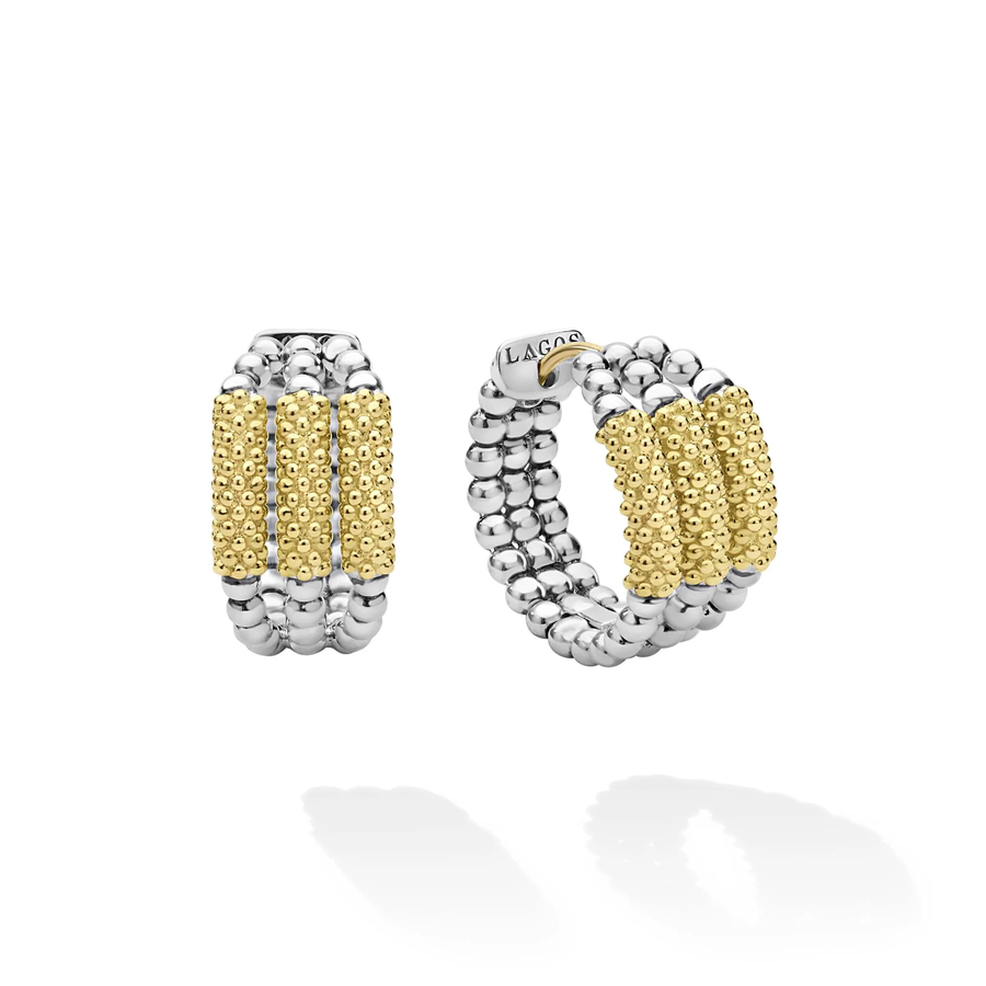 Caviar Icon 20x11mm Three Ring Huggie Earrings in 18K Yellow Gold and Sterling Silver