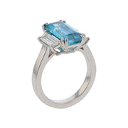 6.31ct Emerald Cut Cambodian Blue Zircon and 0.88ct Trap Diamonds 3 Stone Ring in Platinum, size 6