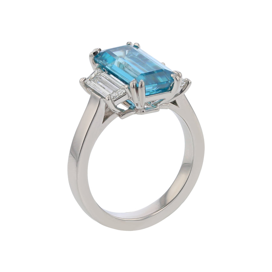 6.31ct Emerald Cut Cambodian Blue Zircon and 0.88ct Trap Diamonds 3 Stone Ring in Platinum, size 6