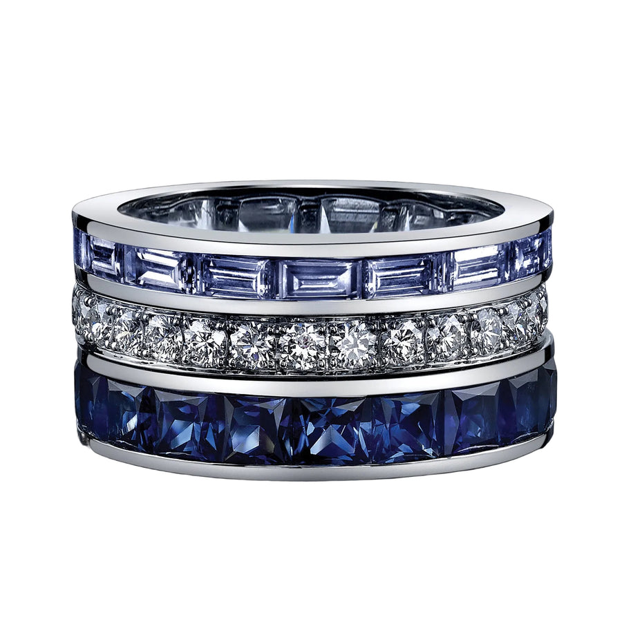 Masterpiece 8.15ct Square, Baguette Sapphire and 0.78ct Diamond Eternity Ring in 18K White Gold and Platinum, size 5.75