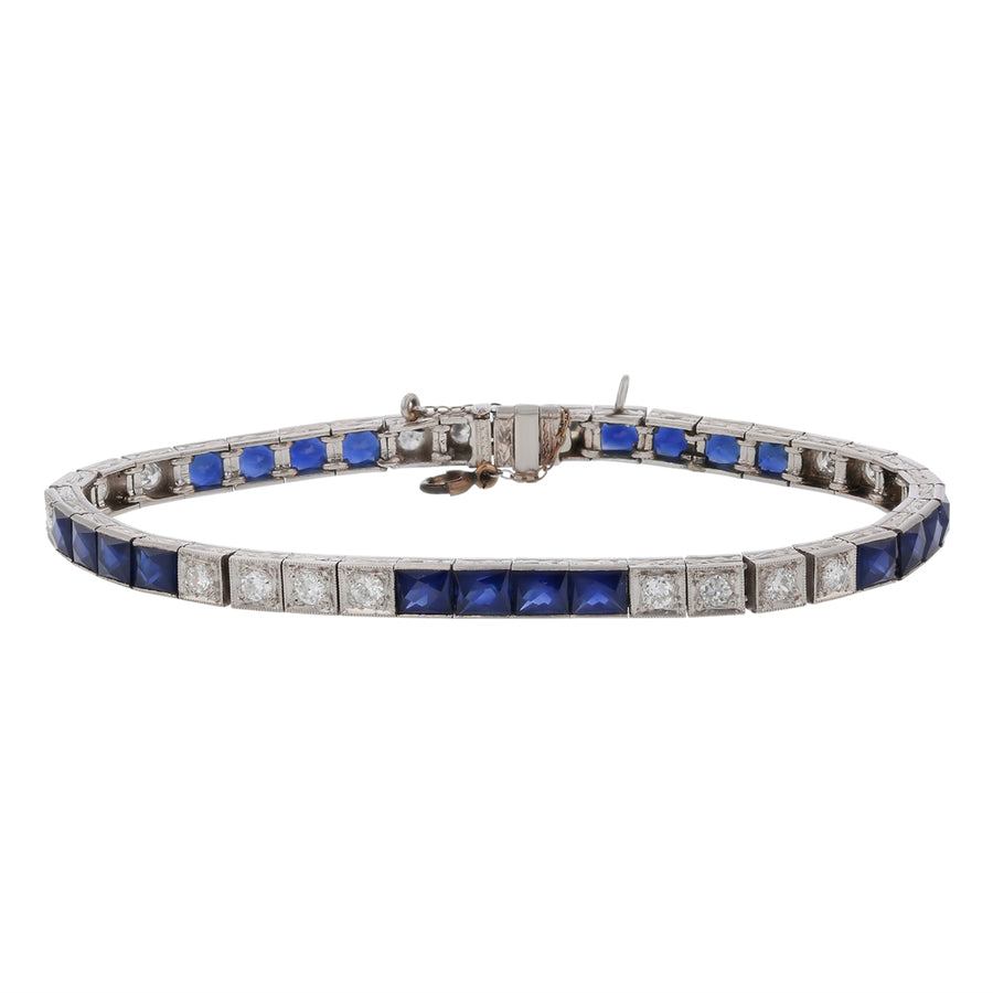 1.60ct Diamonds and 7.70ct French Cut Blue Sapphires Straight Line Bracelet in Platinum