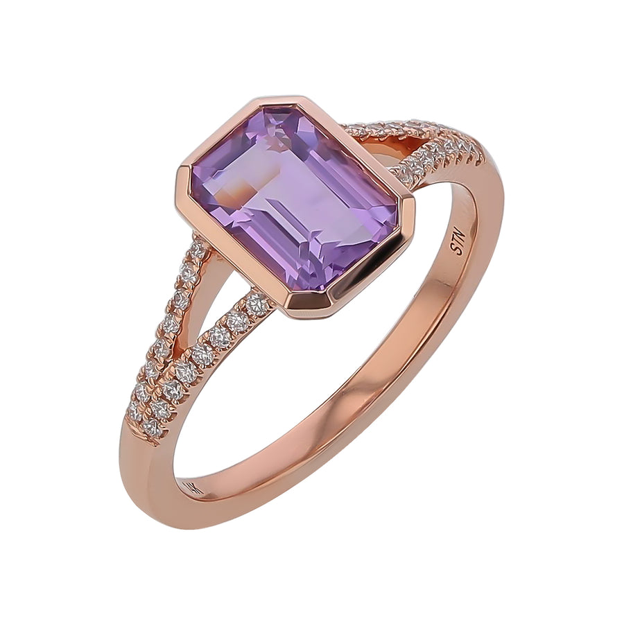 Emerald Cut Amethyst Ring in 14K Rose Gold, Size 7