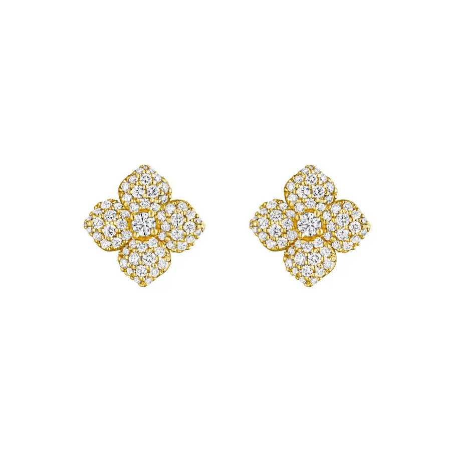 Petite Flower 1.10ct Diamond Pave Stud Earrings in 18K Yellow Gold
