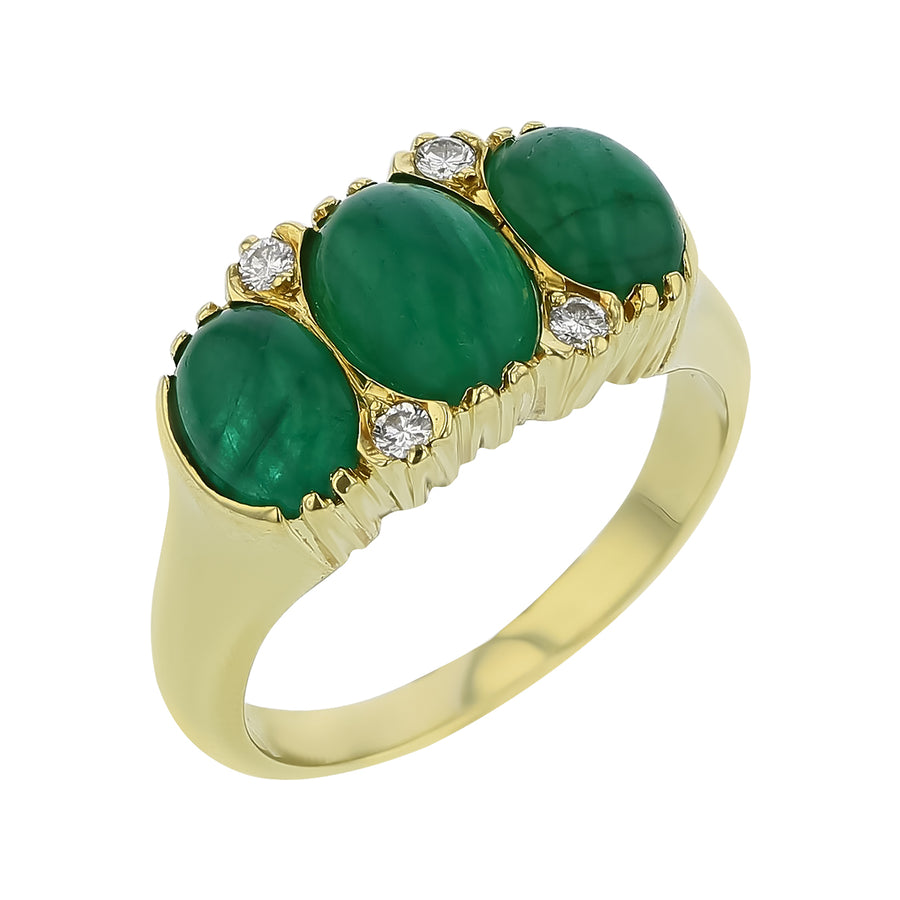 4.00ct Cabochon Emerald 0.04ct Full Cut Diamond 3 Stone Ring in 14K Yellow Gold, size 8.25