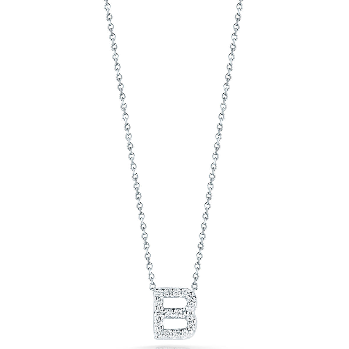 Diamond Love Letter "B" Pendant in 18K White Gold, Adjustable Chain