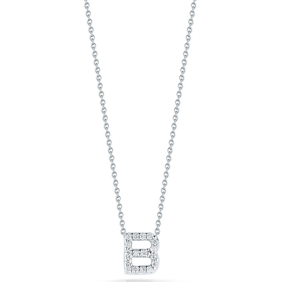 Diamond Love Letter "B" Pendant in 18K White Gold, Adjustable Chain