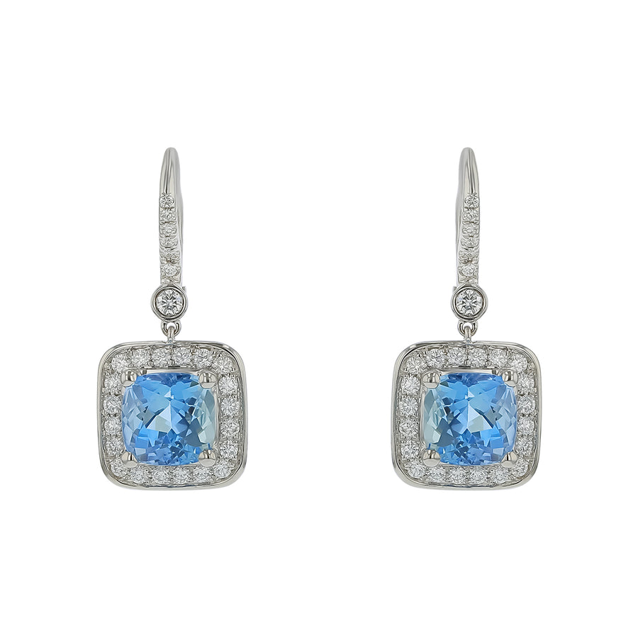 4.22ct Cushion Aquamarine and 0.78ct Diamond Halo Drop Earrings in 18K White Gold