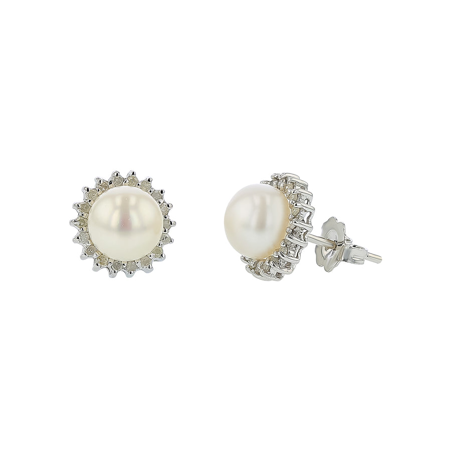 7.4mm Pearl and 0.18ct Diamond Halo Earrings in 14K White Gold