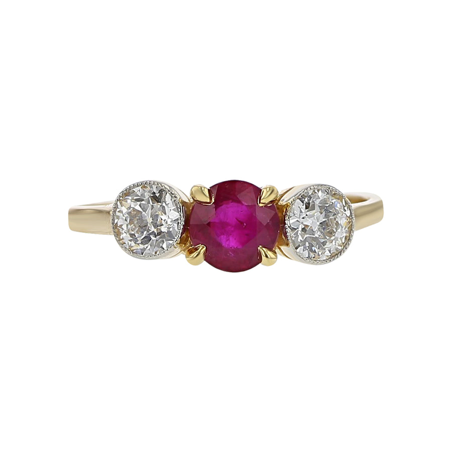 PLATINUM AND 14K YELLOW GOLD 1 ROUND RUBY=0.80CT AND 2 DIAMONDS=0.55CT RING SIZE 6.5
