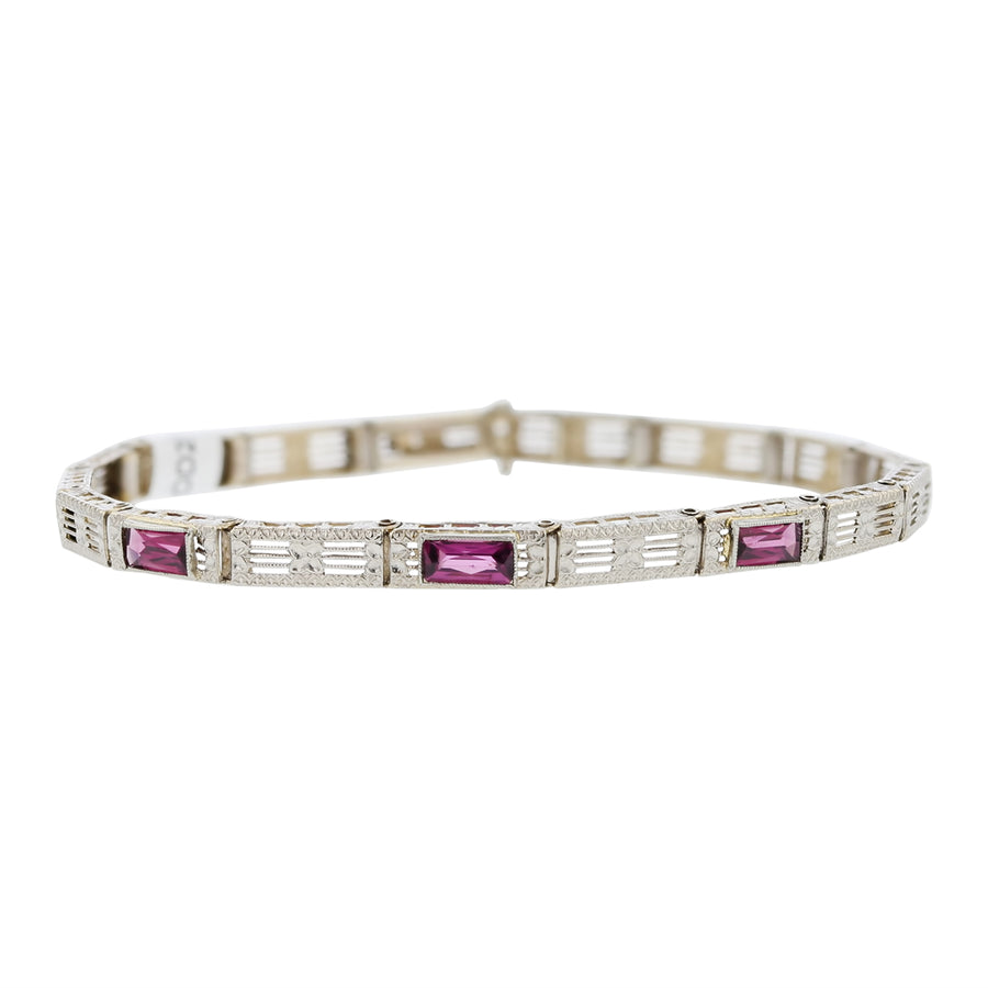 2.00ct Pink Emerald Cut Tourmaline Art Deco Bracelet in 14K White Gold, Circa 1930