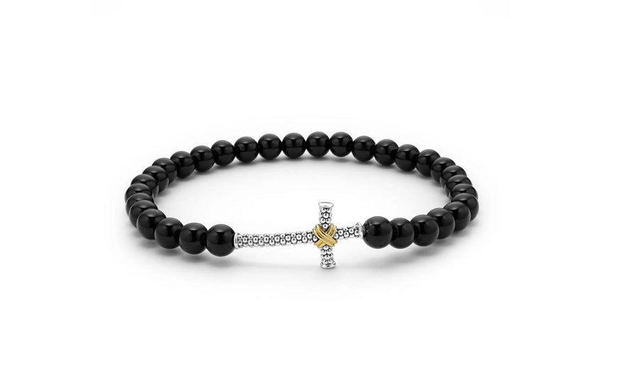 Anthem Cross Beaded Stretch Bracelet in Onyx, Sterling Silver and 18K Yellow Gold, Size 8