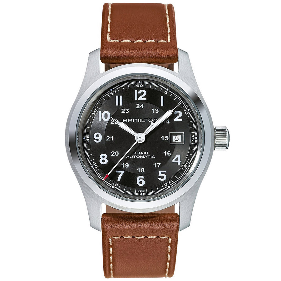 42mm Khaki Field Watch with Black Dial in Stainless Steel, Strap