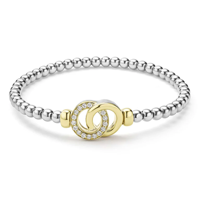 Signature Caviar 0.22ct Diamond Interlocking Stretch Bracelet in Sterling Silver and 18K Yellow Gold, size 7