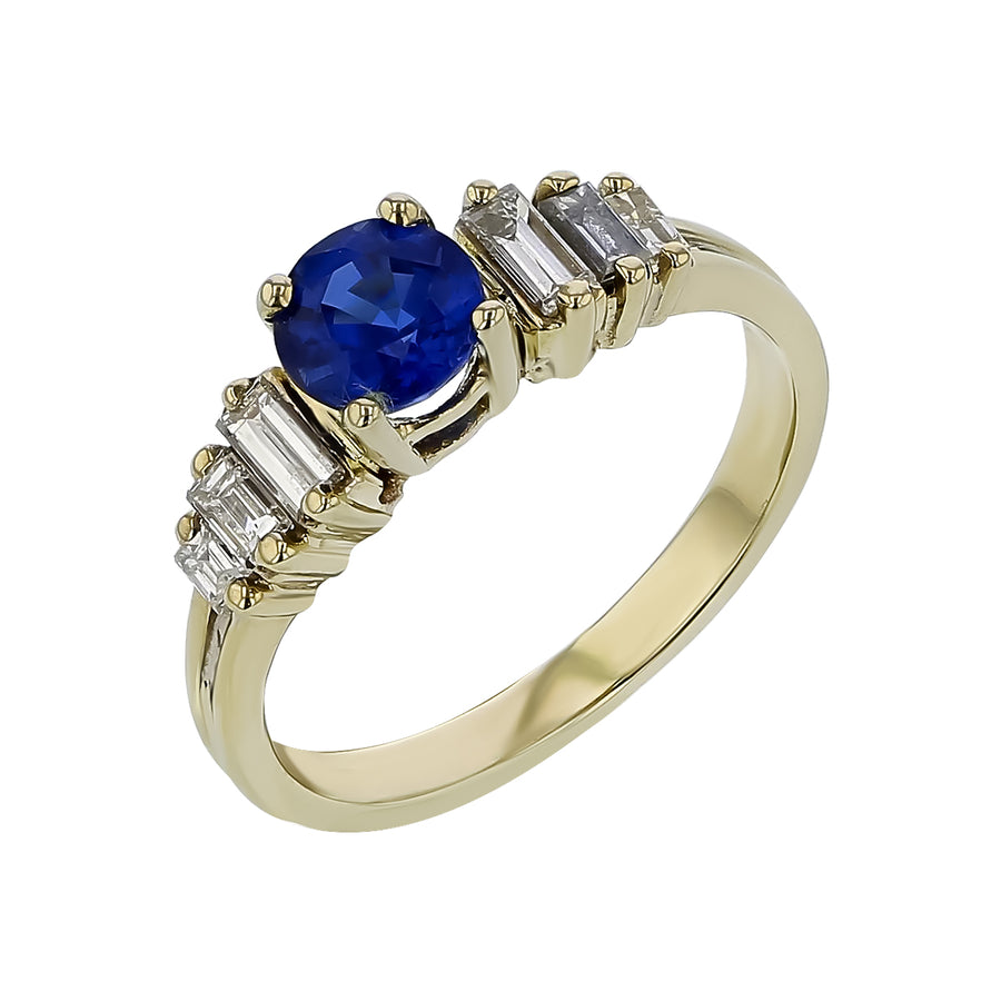 0.93ct Round Blue Sapphire and 0.54ct Straight Baguette Diamond Ring in 14K White Gold, size 6.5