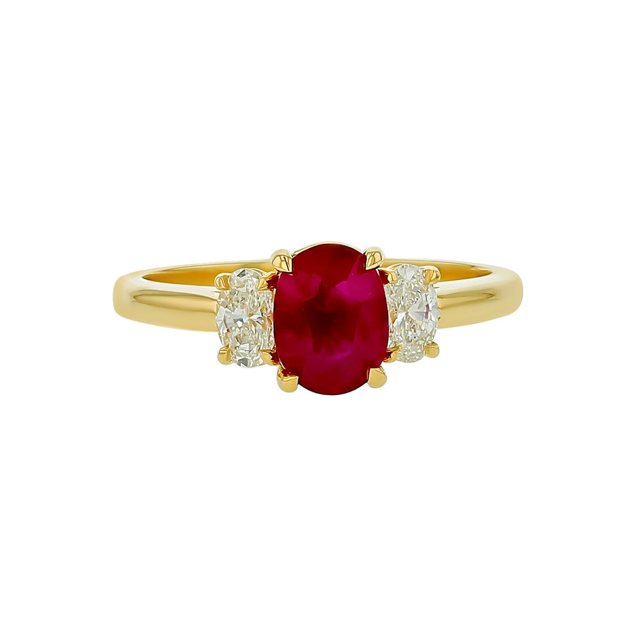 1.40ct Oval Burma Ruby and 0.38ct Diamond 3 Stone Ring in 18K Yellow Gold, size 6.5
