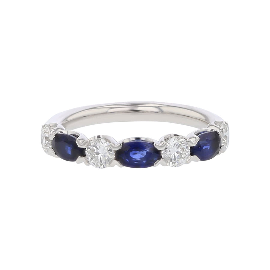 1.00ct Oval Blue Sapphire and 0.70ct Round Diamond Alternating Band in 18K White Gold, size 6.5