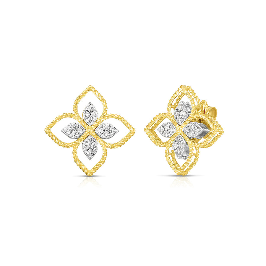 Principessa Diamond Flower Stud Earrings in 18K Yellow and White Gold