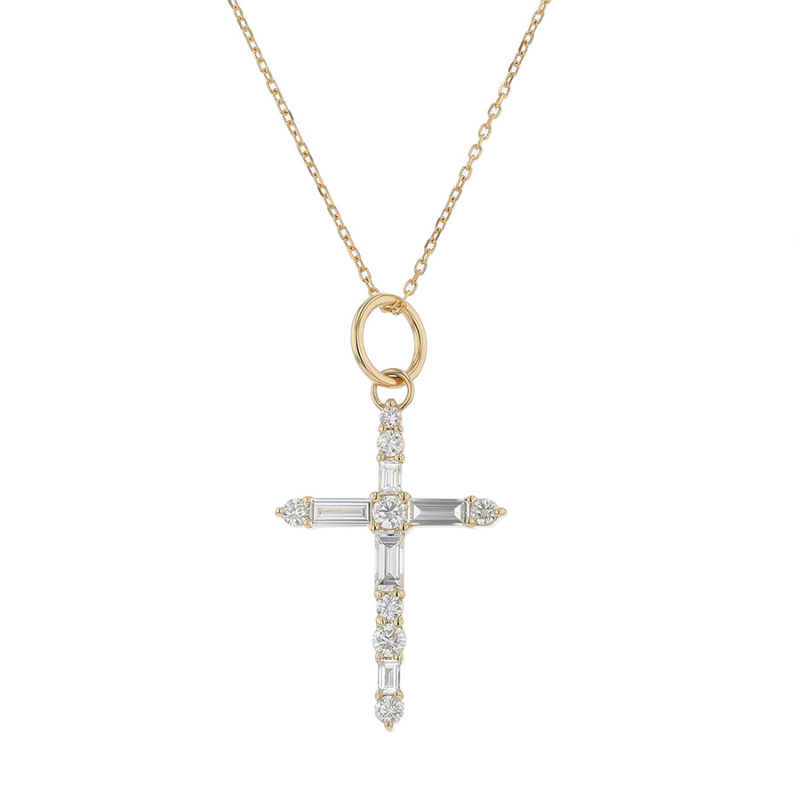 Classic 0.835ct Round and Straight Baguette Diamond Cross Pendant in 18K Yellow Gold, 17" chain