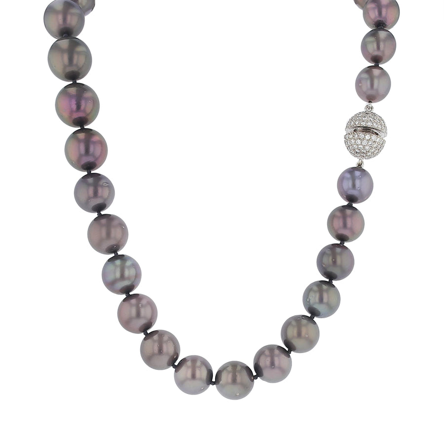 13x16.2mm 29 Black South Sea Pearls and 4.36ct 188 Round Diamonds 18" Strand Necklace in 18K White Gold