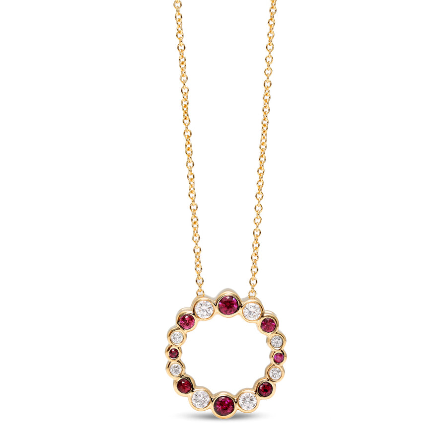 Bubbly 0.26ct Ruby and 0.21ct Diamond Circle Pendant in 18K Yellow Gold, 18" chain