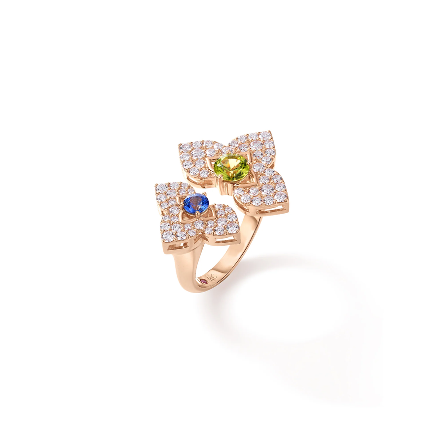 Venetian Princess 0.80ct Diamond, Sapphire, and Peridot Flower Ring in 18K Rose Gold, size 6.5