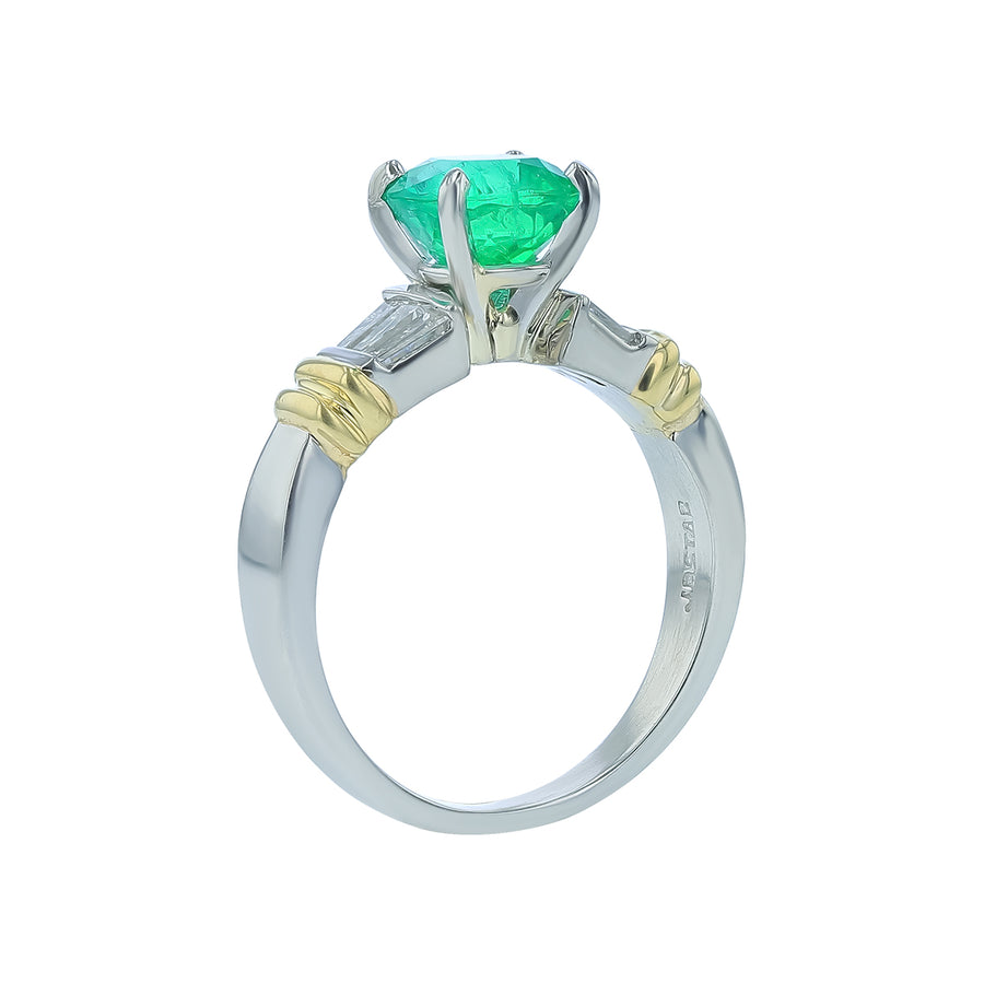 1.35ct Zambian Cushion Emerald and 0.35ct Diamond Ring in 18K Yellow Gold and Platinum, size 6